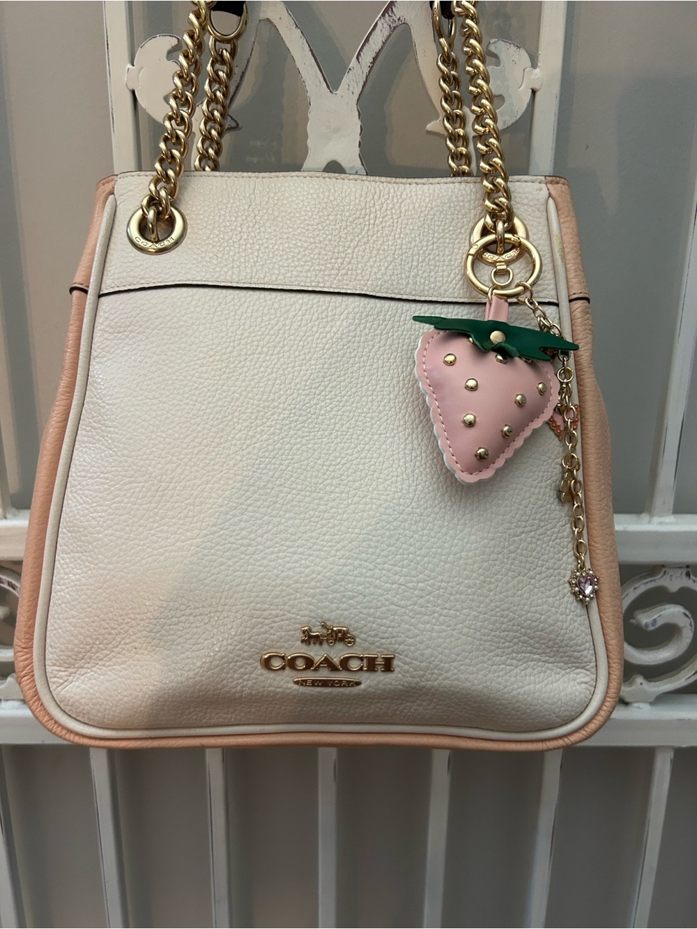 Coach Cammie Pebbled Leather Colorblock Chain Shoulder Bag Ivory Blush CA430 - Picture 2 of 14